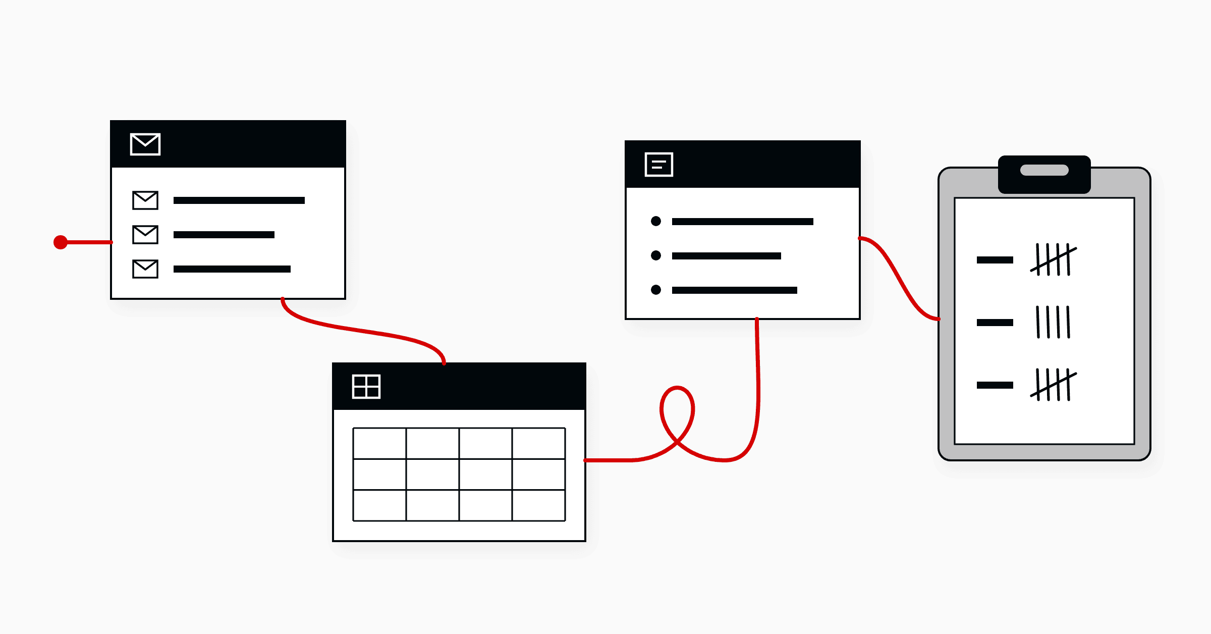 A red thread runs through an inbox, a spreadsheet and a ticket queue, tying a knot on the way, before it reaches a clipboard where the week is counted by hand in tally marks.