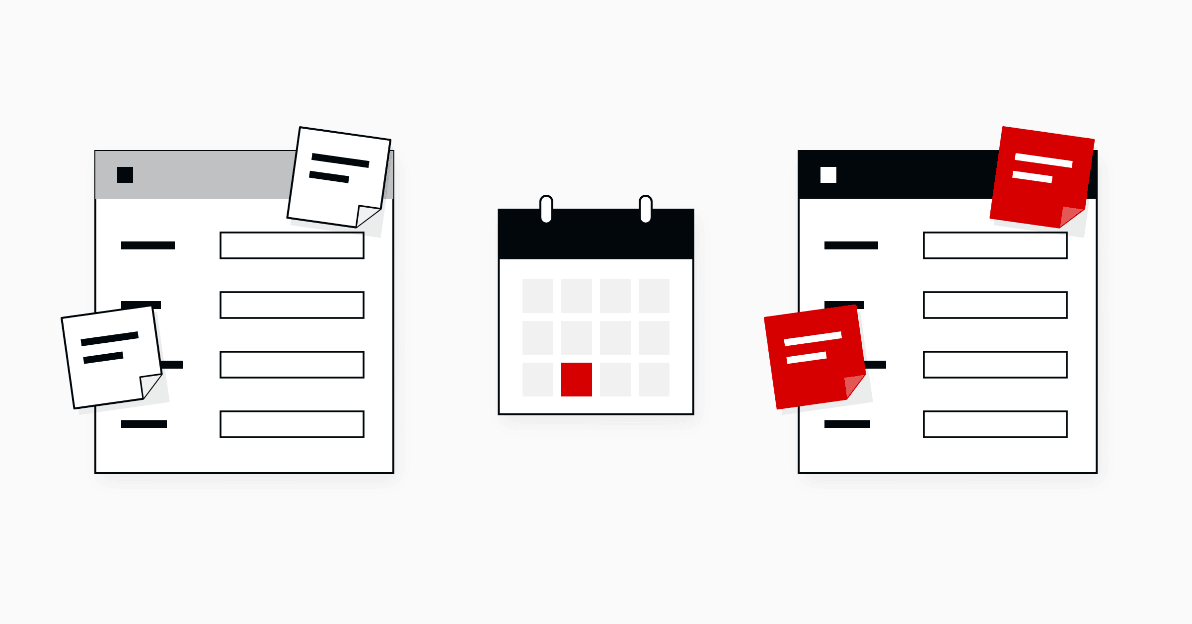 An old request form covered in sticky-note workarounds, a calendar with one date marked in red, and the new platform's form copied field for field, the same sticky notes now in red.